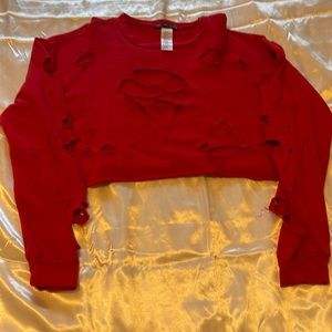 Red distressed crop pull over sweater